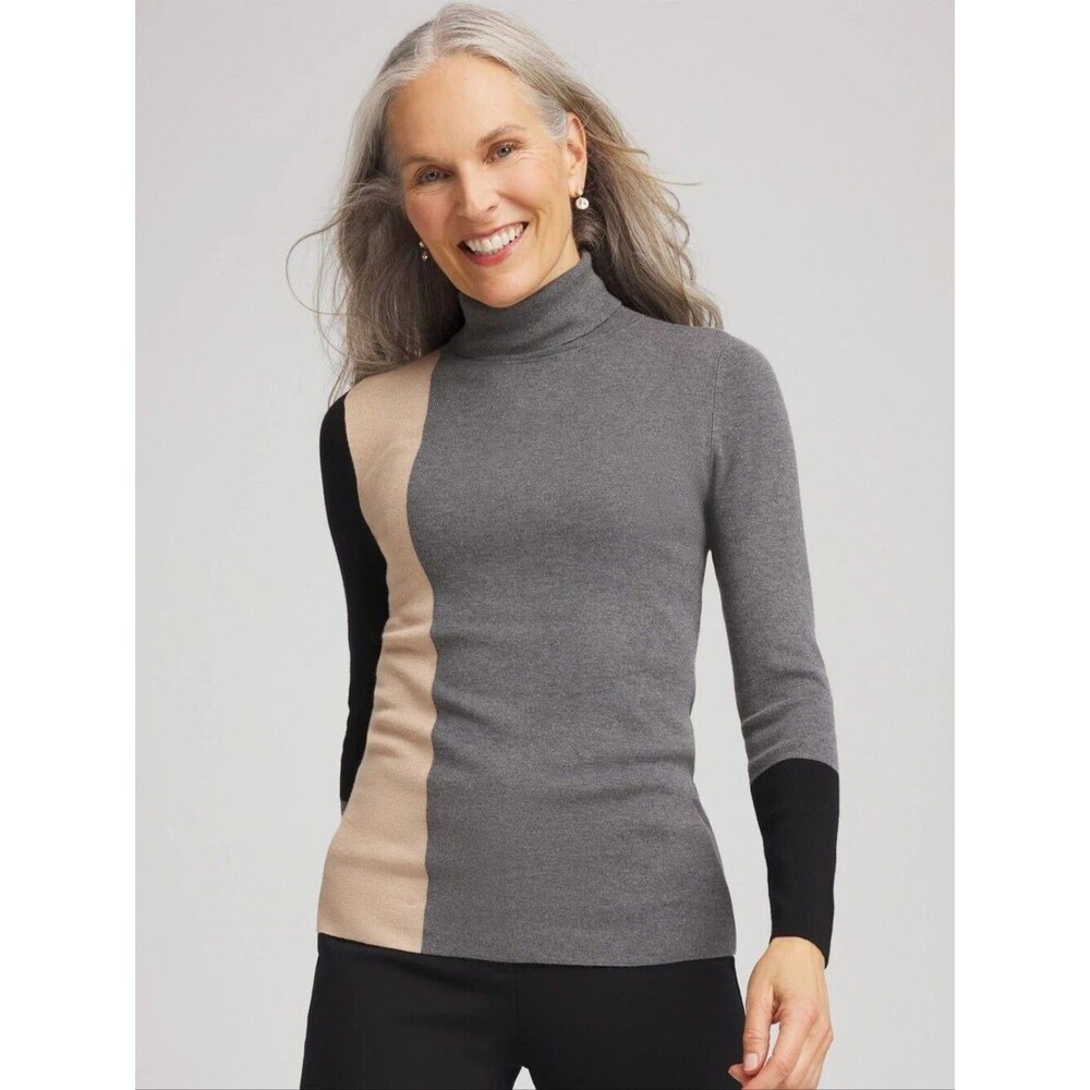 Chico's Ecovero Ella Colorblock Intarsia Turtleneck Sweater Black Grey Tan Sz 3